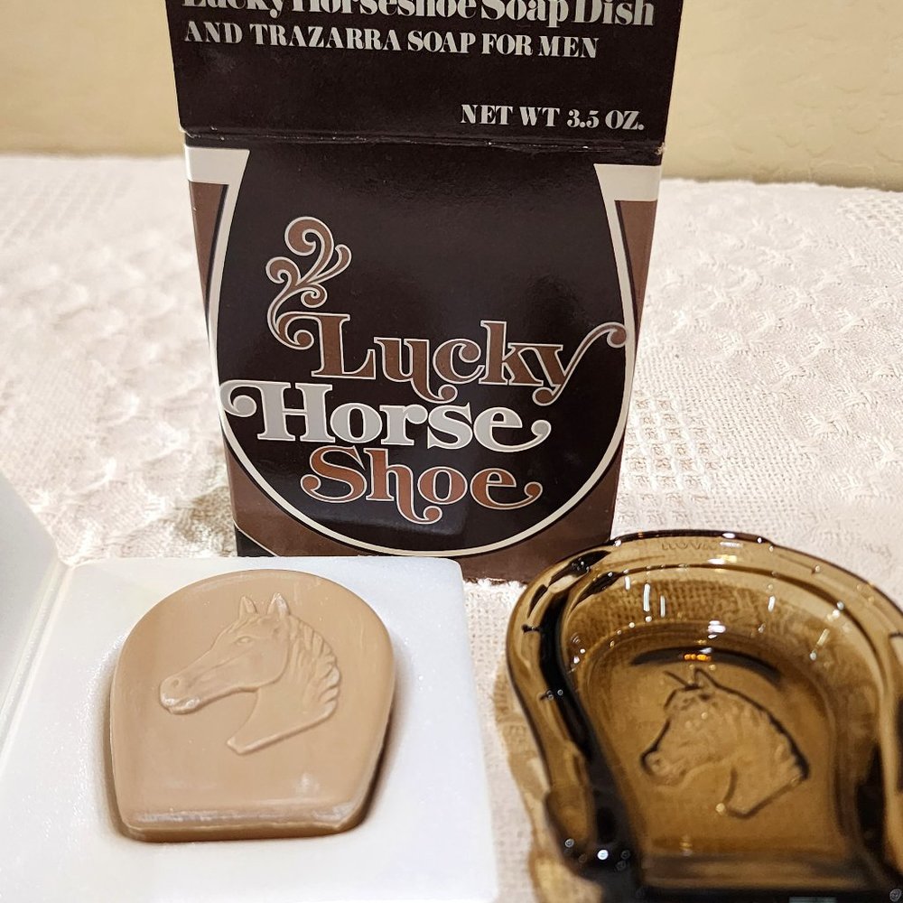 MCM Avon Lucky Horseshoe Glass Soap Dish Ashtray + Scented Trazarra Horse Soap